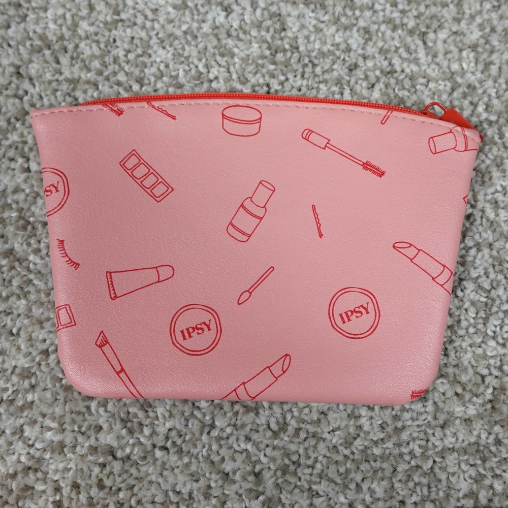Ipsy Pink Makeup Bag Beauty Print Cosmetic Pouch Orange Lining Zip Top Small